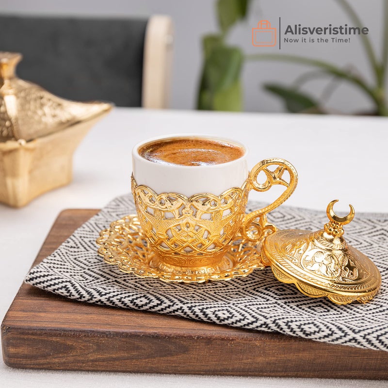 Alisveristime 27 Pc Turkish Greek Arabic Coffee Espresso Cup Saucer Set (Gelincik) (Gold) - Image 2
